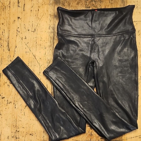 SPANX Small Black Faux Leather Leggings High Rise Shaping Moto Sleek - Picture 2 of 5
